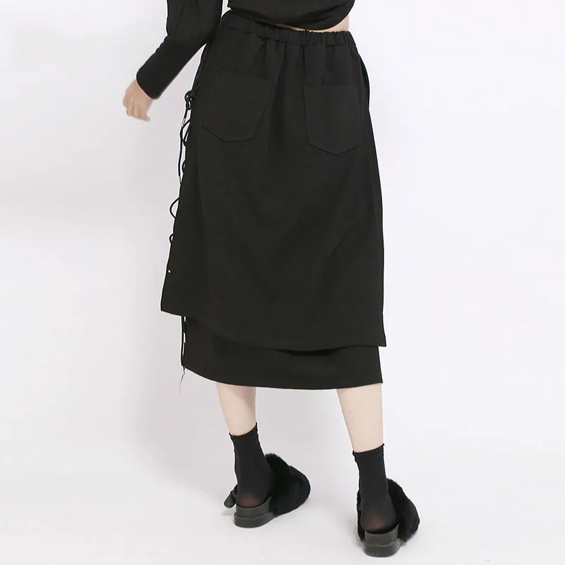[EAM] Новинка, осенне-летняя черная свободная Асимметричная юбка до середины икры с высокой талией, Женская Повседневная модная юбка OA988
