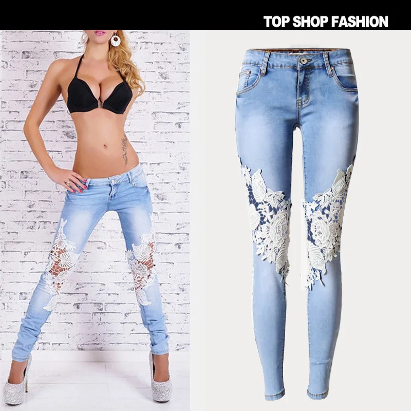 

Europe and the United States women's super elastic lace LvKong denim trousers fashion comfortable feet pants