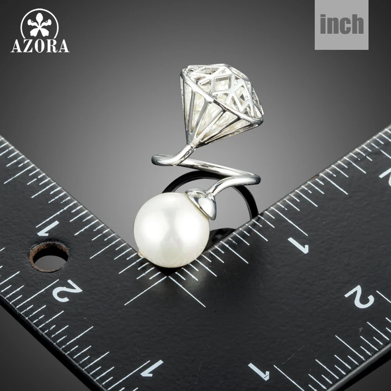 AZORA Big Imitation Pearl with Hollow Stone Net Filled with Tiny Pearls Adjustable Size Rings TR0168