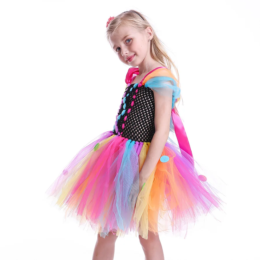Girls Rainbow Fancy Halloween Tutu Dress Princess Handmade Multi Coloured Tulle Clothing Children Cosplay Clown Pageant Costume (4)