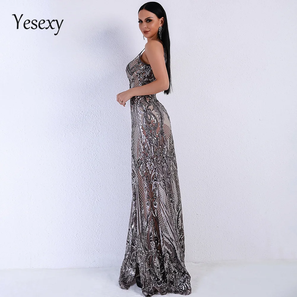 Yesexy, летнее Сексуальное Женское Платье с v-образным вырезом, с открытыми плечами, со средним разрезом, с блестками, прозрачные, макси, вечерние платья, VR5139-5