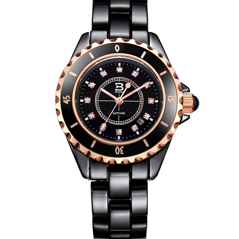 Оригинальные роскошные женские керамические часы Бингер, модные женские Стразы, бриллианты, водонепроницаемые кварцевые часы BBPS - Цвет: 04