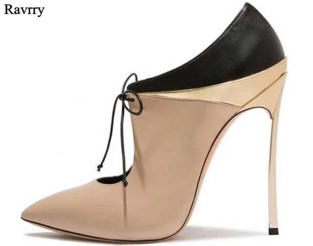 

Ravryy New Arrival Lace-Up Color Block Pumps Shallow Pointed Toe Sexy Elegant Thin High Heel