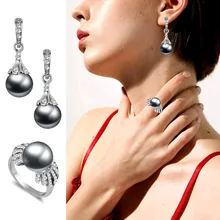 SINLEERY Элегантный Имитация серого жемчуга ювелирные наборы для женщин Серебряный цвет серьги и кольцо набор Свадебные аксессуары Tz126 SSB