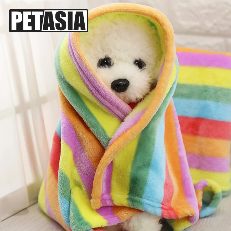 

PETASIA Cute Print Dog Towels Rest Puppy Colourful Stripe Soft Pet Keep Warm bath towel Dog Hondenmand Coral Cashmere