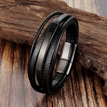 Trendy Men Jewelry Popular Black Color Genuine Leather Bracelet Multi-layer Design Charm Cuff Bangle For Handsome Boy Gift