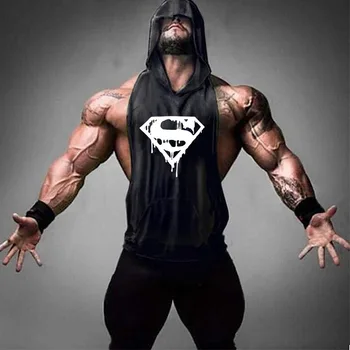 

2019 summer new bodybuilding men's sleeveless shirt gym training running hooded vest sports casual stitching vest Hero logo
