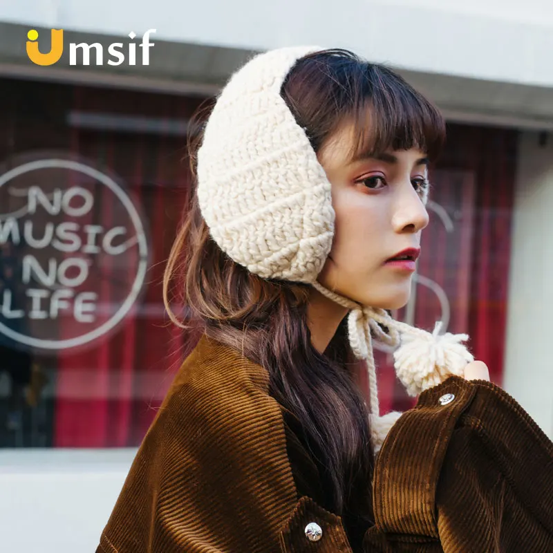 

Knitting Beanies Hat With Pompoms For Women 2018 New Winter Women's Warm Fleece Earmuffs Female Skullies Beanies Cap Girls Hats