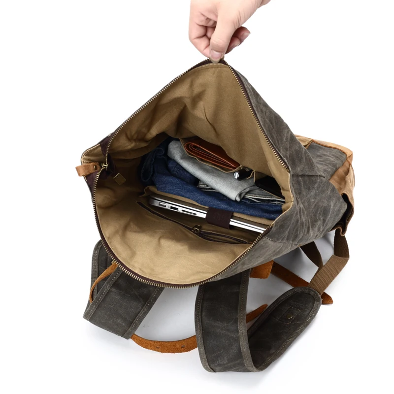 LARGE CAPACITY of Woosir Waterproof Waxed Canvas Leather College Weekend Travel laptops Backpack