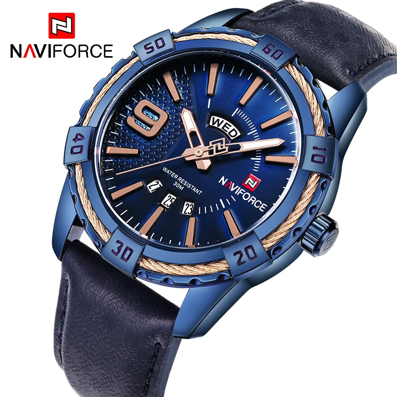 

Часы наручные NAVIFORCE Мужские кварцевые, роскошные спортивные водонепроницаемые с кожаным ремешком, 2018