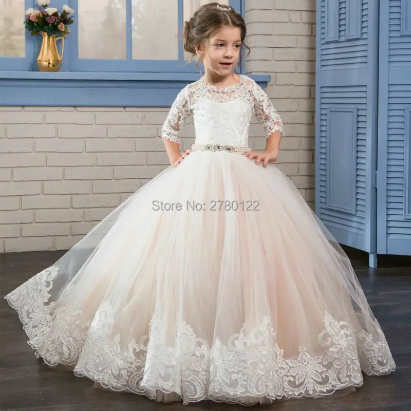 2017-Prom-Graduation-Holy-Communion-Dresses-Puffy-Kids-Half-Sleeves-Long-Pageant-Ball-Gown-Dresses-For