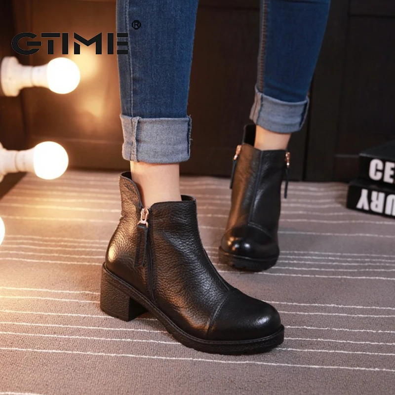 

GTIME Warm Short Shoes Women Autumn Winter Ankle Boot Leather Boot Zapatos Mujer Zipper Boot Winter Leather Ankle Boots #ZWS52