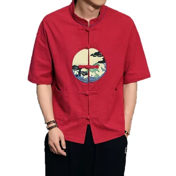 

2018 Men Shirts Short Sleeve Mandarin Collar Male Cotton Linen Shirt Men Chinses Traditional Button Frog Printing Kung Fu Shirts