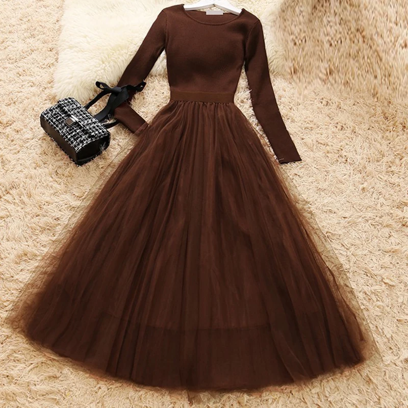 

2019 Spring Autumn New Harbor Ethos Round Collar Knitted Long Sleeve Splicing Mesh Yarn Fluffy Dress Woman RE2479