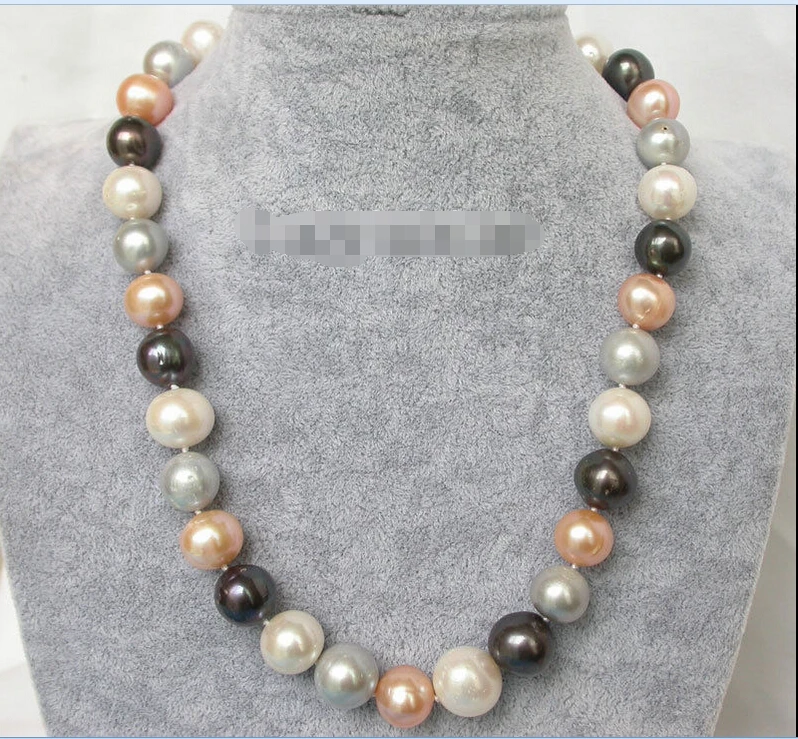 

Free shipping@@@@@ 18" 13mm white Gray pink black Freshwater pearls necklace filled gold j8974