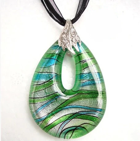 

RED SNAKE Murano Glass Blue Green Sliver Ribbon Drop Pendant Necklace