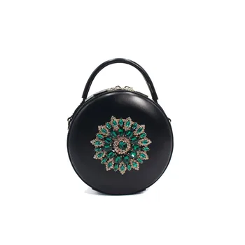 

Lady Handbags Women Messenger Black Bags Genuine Leather Circular Cowhide Ladies Mini Luxurious Diamonds New Year Party Bag