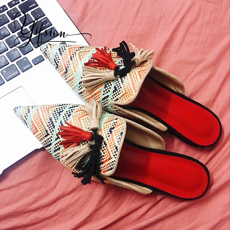 

YIFSION New Fashion Spring Summer Shoes Woman Slippers Pointed Toe Cane Mixed Color Women Shoes Slippers Mules Shoes Woman
