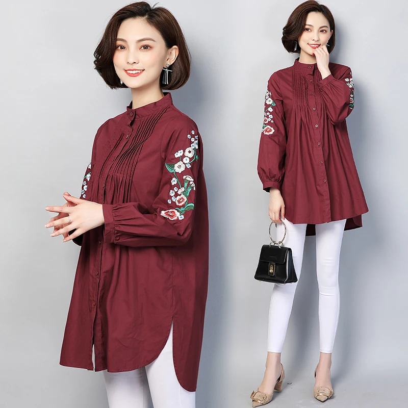 

YICIYA Plus size large L-4XL 5XL women long red wine blouse irregular shirt print top sleeve button elegant 2019 spring clothes