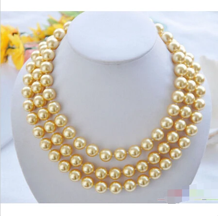 

P4235 3row 19" 12mm Golden Round South Sea Shell Pearl Necklace^^^@^Noble style Natural Fine jewe FREE SHIPPING