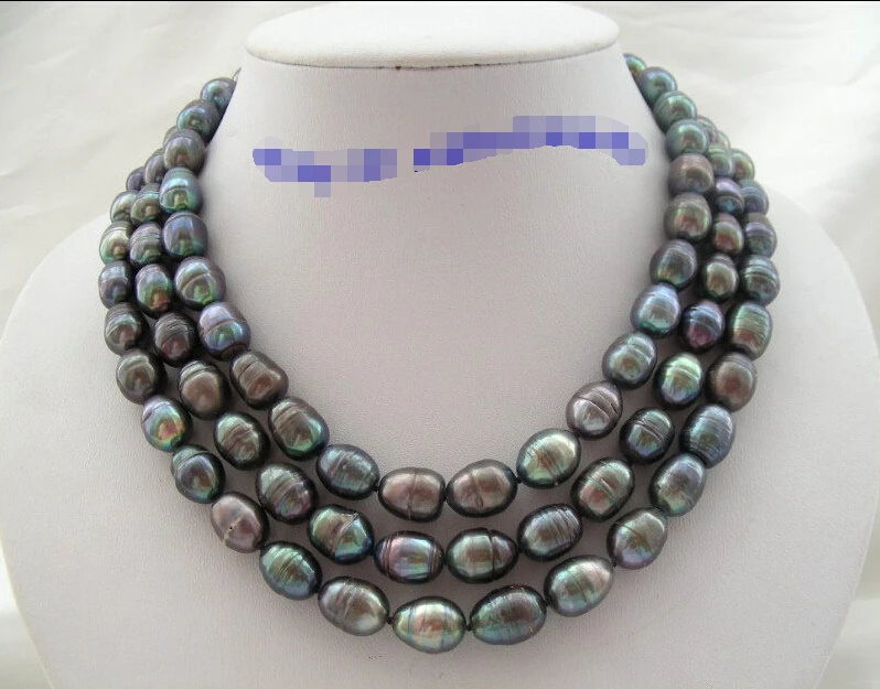 

FREE shipping SUPER 3rows 13mm black freshwater cultured pearl necklace 14/20K gold clasp d269