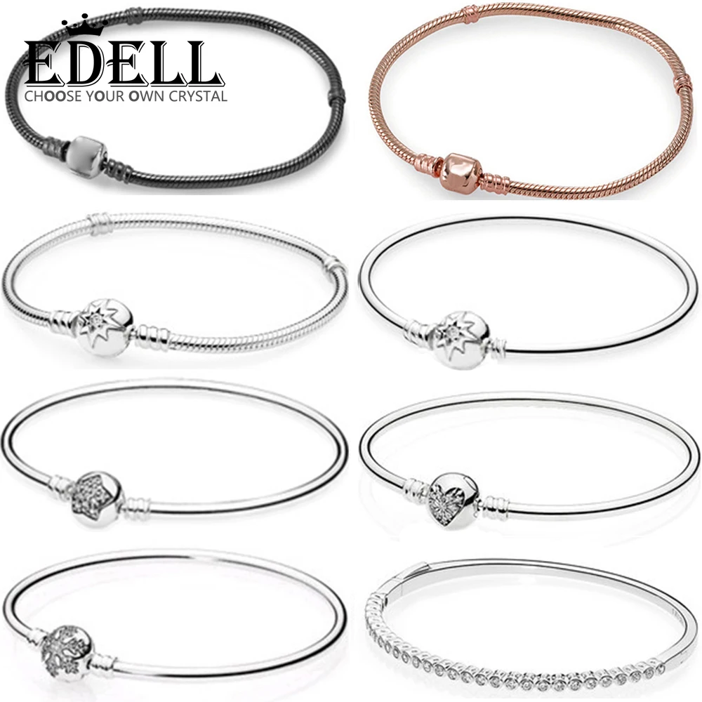 

EDELL 100% 925 Sterling Silver Basic Bracelet Snowflake Star Zircon Heart Bracelet Rose Gold DIY Beaded Gift
