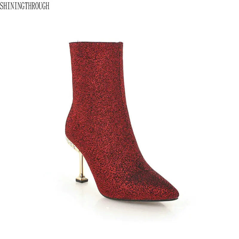 

New high heels women boots shiny bling winter ladies ankle boots party dress wedding dancing shoes woman big size 42 43