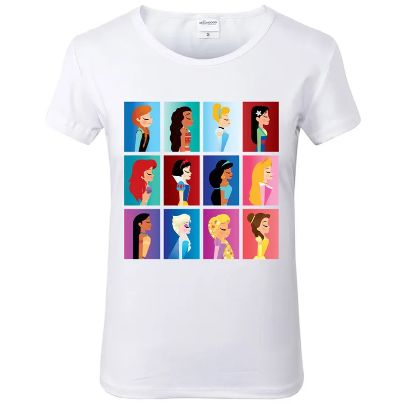 

New Harajuku Cute T shirt Women Cartoon princess Print T shirts Slim White T shirts Casual Short Sleeve tee for girls