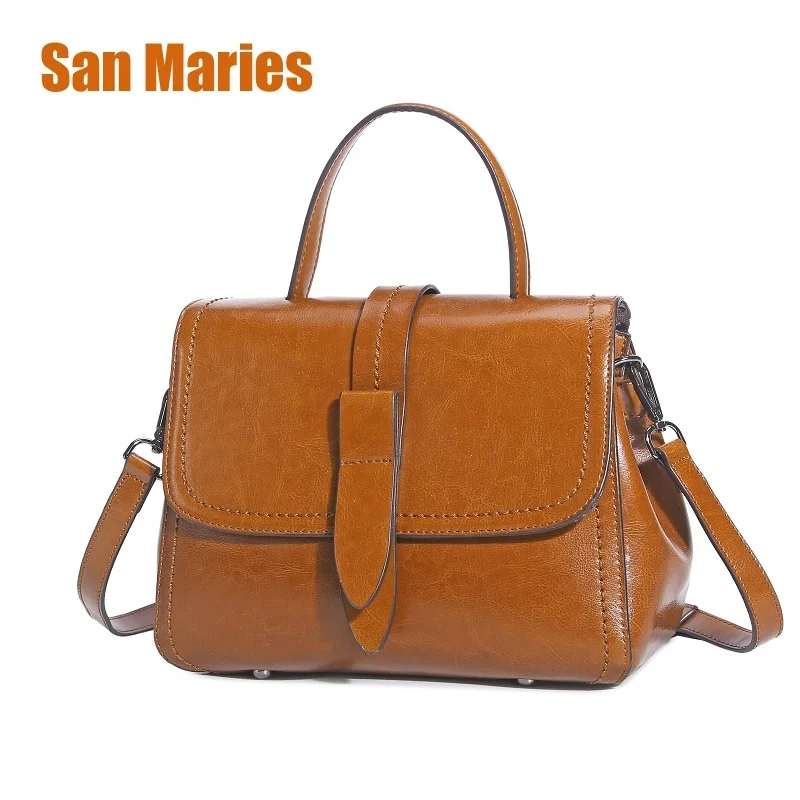 

San Maries Brand Oil Wax Leather Stone Pattern Women Bag Soft Woman Handbag Fashion Totes Female High Quality Crossbody Bags