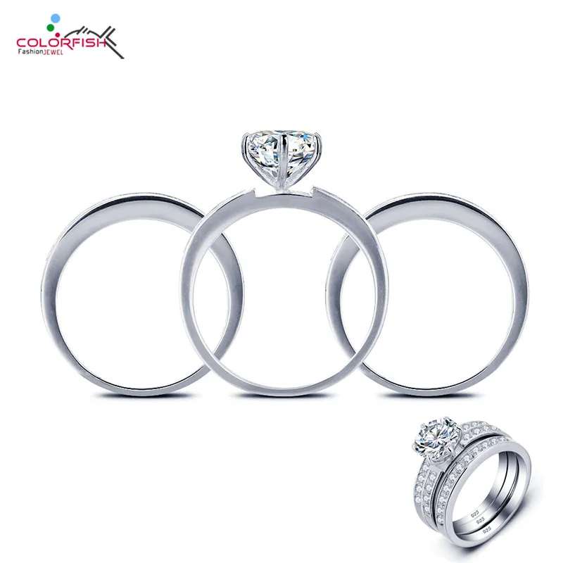 

COLORFISH Luxury 925 Sterling Silver Three Finger Ring Sets For Women Round Brilliant Cut Synthetic SONA Wedding Engagement Ring