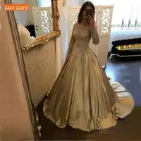 Luxus Gold Satin Abendkleider Lange Ärmeln 2019 Spitze Appliques Abendkleider Angepasst Ballkleid Frauen Party Formale Kleid