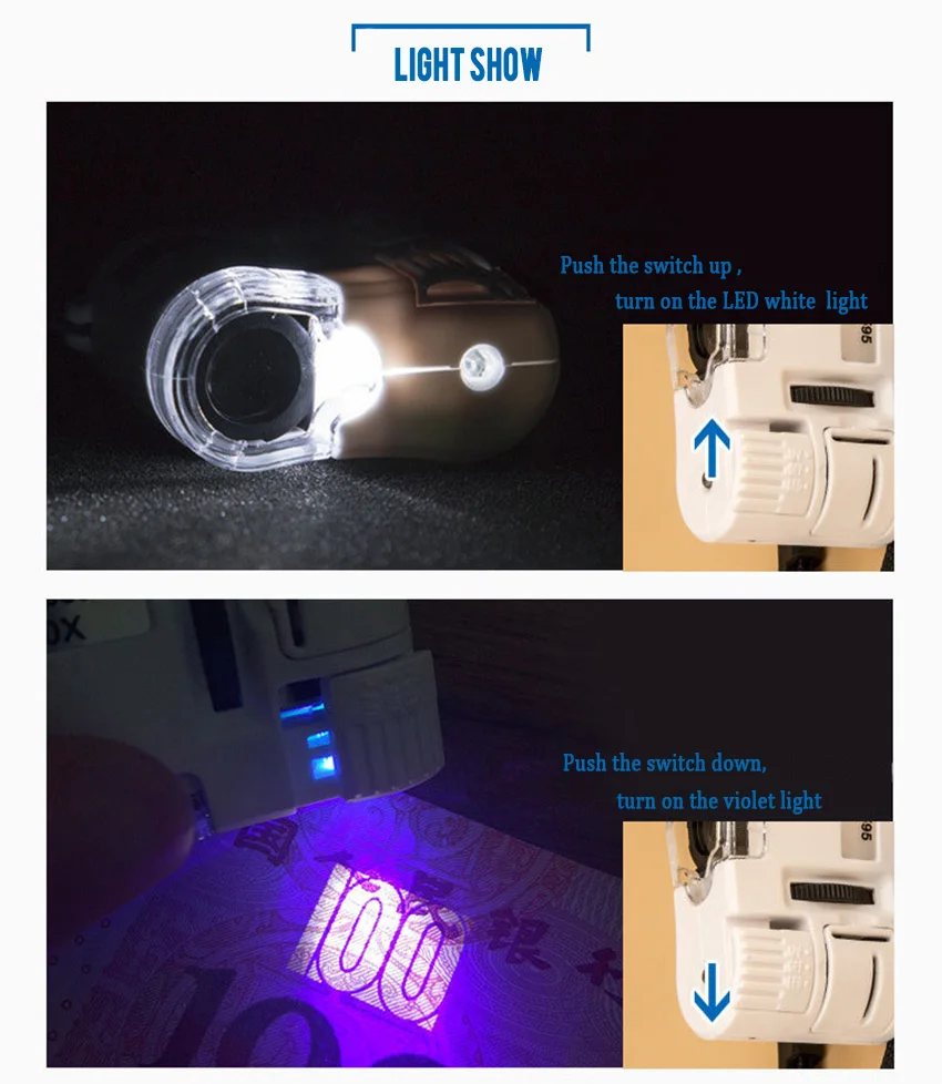 60X ручной увеличительное стекло мини Карманный микроскоп Лупа детектор валюты Ювелирная Лупа с светодиодный светильник