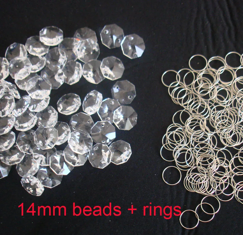 

100PCS/lot 14mm crystal octagon beads in 2 holes + 100pcs meatl rings for wedding strands & chandelier bead chain