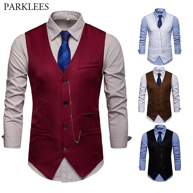 

Wine Red Slim Fit Vest Men 2019 Brand New Vintage Chain Decoration Suit Vest Mens Busienss Casual Waistcoat Chalecos Para Hombre