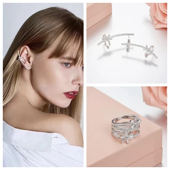 

Snowflake Flower Finger Ring Frost Ear Cuff Frost Earring Jewelry Set H E Xmas 925 Sterling Silver Zircon Women Wedding jewelry