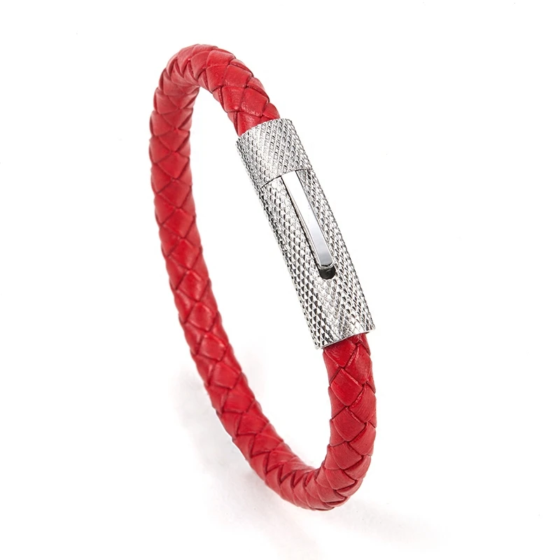 

Genuine Leather Bracelet Men Top Cowhide Leather Red Braid Bracelets & Bangles Stainless Steel Magnet Buckle pulseira masculina