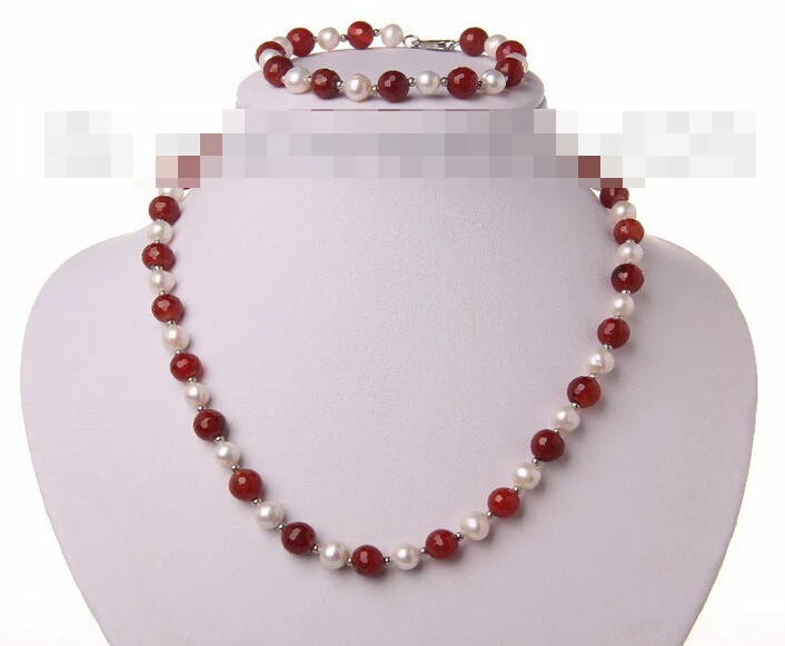 

12600 stunning white round freshwater pearl red agate necklace bracelet set