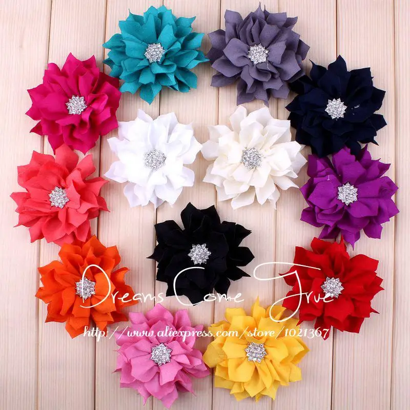 

50pcs/lot 3" 13Colors Vintage Artificial Fabric Lotus Flower For Headbands With Rhinestone Button For Baby Girls Headbands