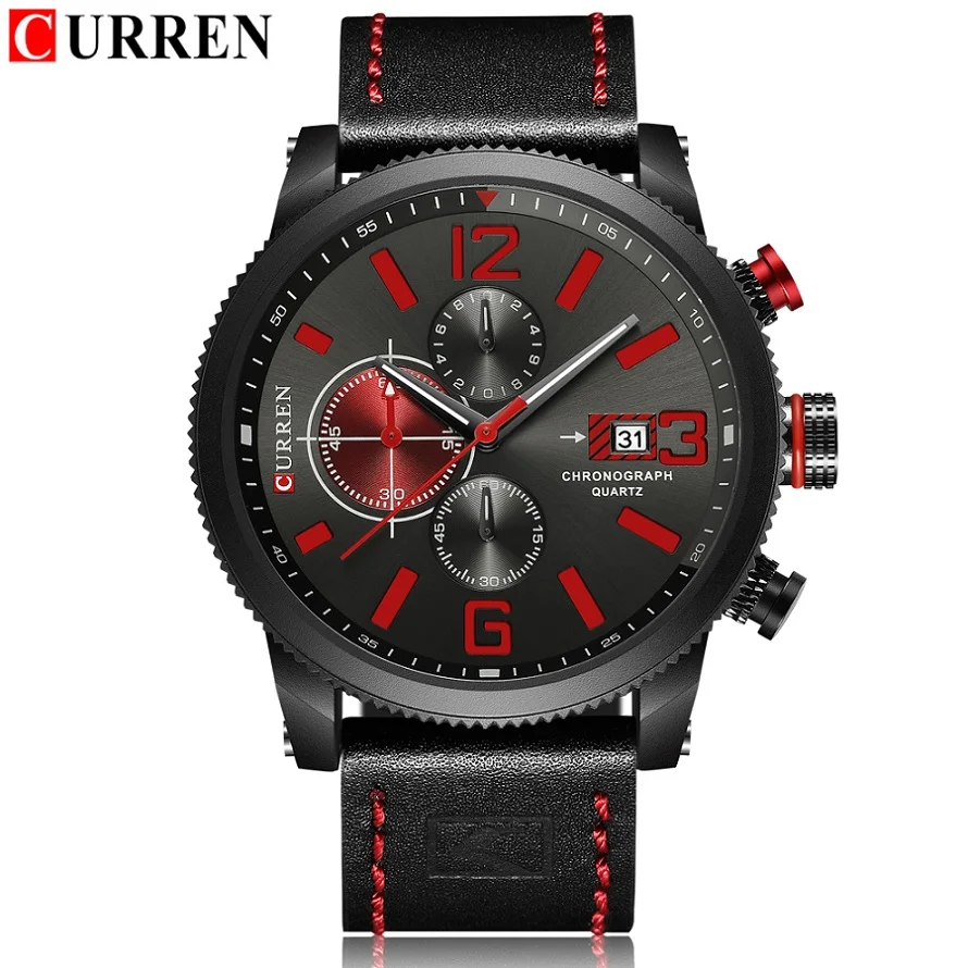 Brand New Fashion Quartz Men's Watch Chronograph Dial and Date Window Casual Business Wristwatch CURREN Leather Clock For Man - Цвет: black black black