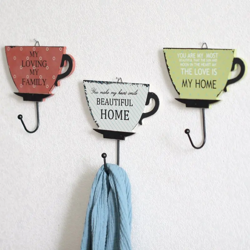 American Retro Creative Wooden Coffee Cup Shaped Hanging Hooks Home