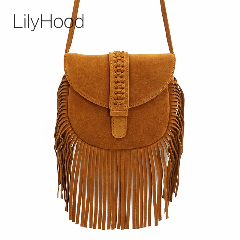 

LilyHood Women Genuine Leather Fringed Crossbody Bag Boho Hippie Gypsy Folk Ibiza Music Bohemian Fringe Feminine Shoulder Bag