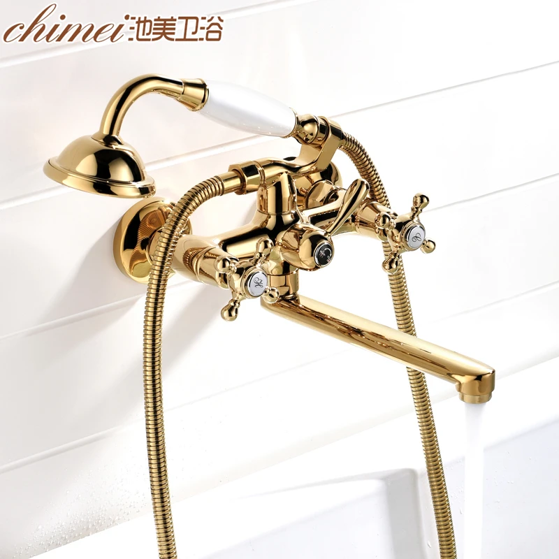 

Bathroom Shower Faucets Antique Brass Hand Rain Shower Head Tap With Long Spout Set Dual Handle Bathtub Faucet AD5713