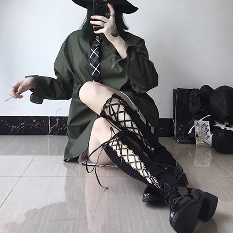 Punk Gothic Bandage Women Sexy Stockings Lace Up Thigh High Back Sheer