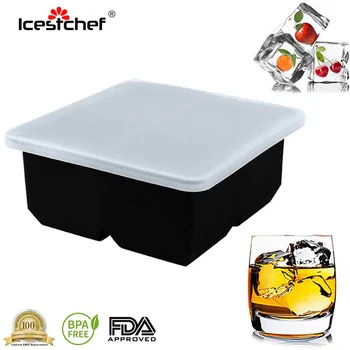 

ICESTCHEF 4 Holes Square Ice Cube Mold Food Grade Silicone Large Size Ice Tray With Lid Ice Cubes Maker For Party Bar