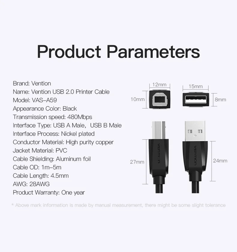Vention USB 2,0 кабель для печати USB 2,0 type A Male To B Male Синхронизация данных сканер USB кабель для принтера 1 м 2 м для принтера hp Canon Epson