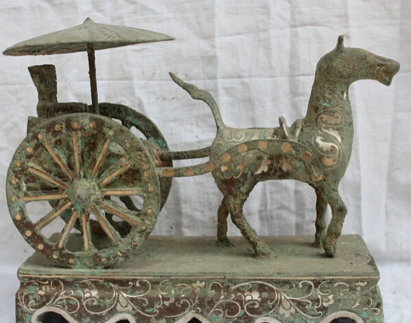 

JP S0524 13" China Chinese Bronze Silver Dynasty Palace Horse Pull Carriage & Man Statue Discount 35%