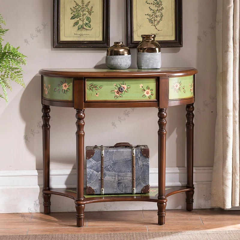 Европейский Старый стол для крыльца из цельного дерева, ручная роспись, настенный полукруглый стол, американский зеленый прихожей, декорированный стол, мебель