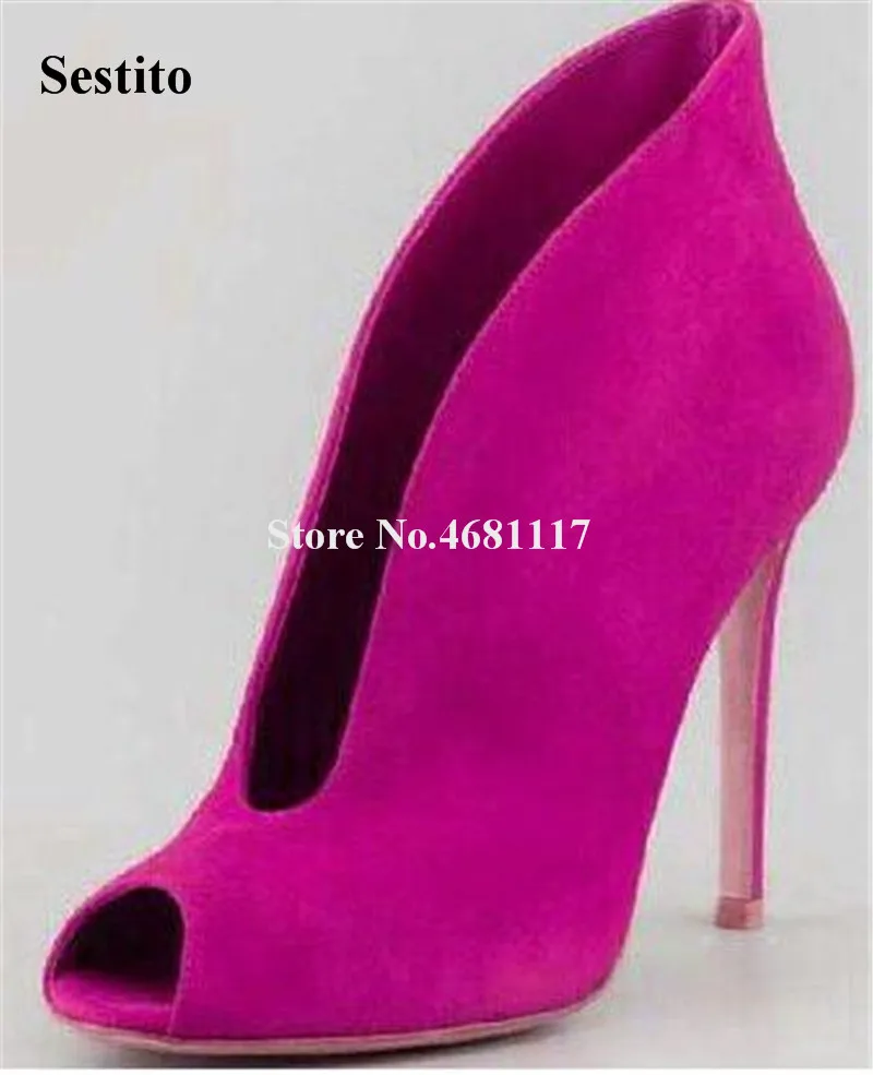

Brand Design Women Fashion Peep Toe Suede Leather Thin Heel Short Boots Cut-out Slip-on High Heel Ankle Booties Dress Shoes