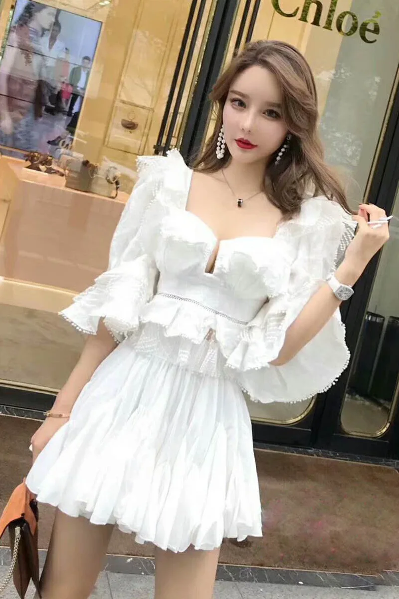 [LIVIVIO] кружевная блузка с оборками, Женская белая рубашка, осень, сексуальные женские топы с квадратным вырезом и пышными рукавами, корейская модная одежда, новинка