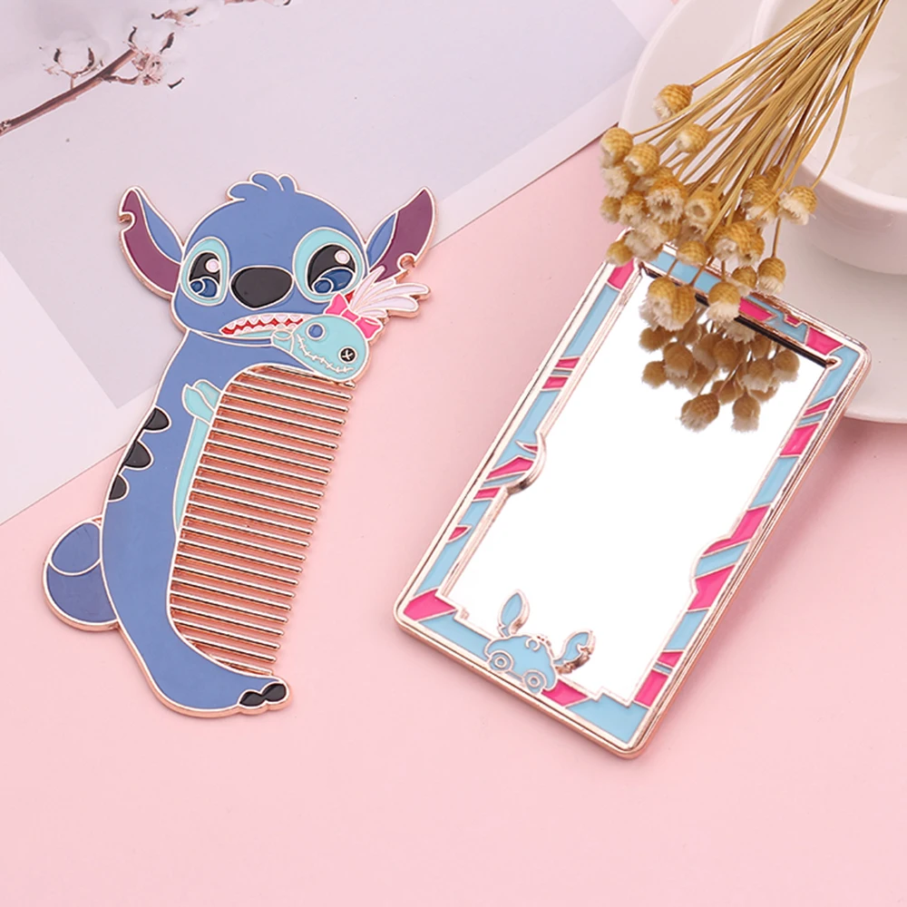 

Portable Unique Lilo & Stitch Makeup Mirror And Comb Convenient Makeup Tools Cosmetic Mirror Highly Clear Metal Texture Comb
